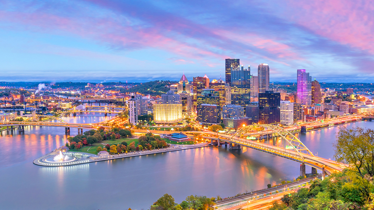 Downtown Pittsburgh skyline and Point State Park seen from Mount Washington at dusk